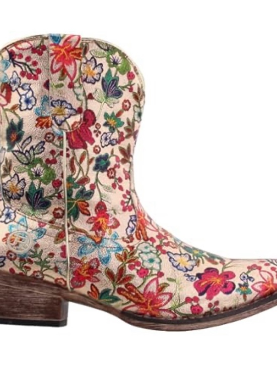 Roper Shoes - Roper Women's Floral Embroidered Ankle Boot - Cream Multicolor